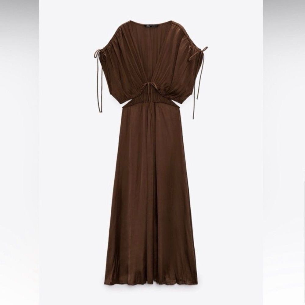 BROWN SATIN EFFECT CUT OUT PLEATEDMAXI DRESS L - Picture 4 of 9